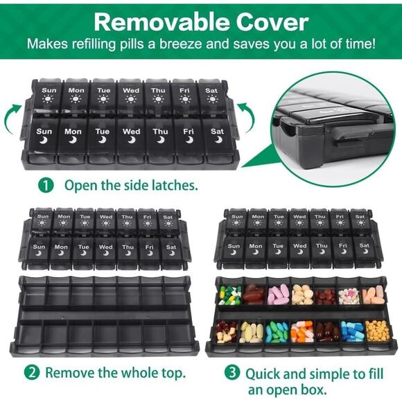 Extra Large 7 day pill organizer, Day and night Pill box, new can remove cover - Picture 3 of 7